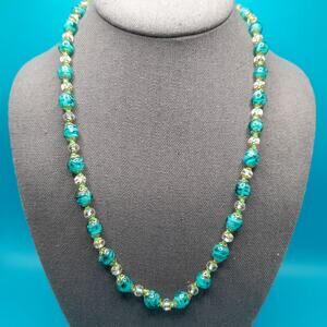 Green Murano Art Glass, Gold Tone Filigree End Caps, Hand-Knotted, Vintage